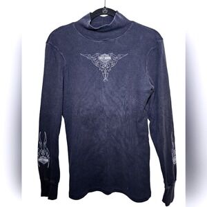 Harley Davidson Navy Blue Long Sleeve‎ Mock Neck Top Motorcycle Flames